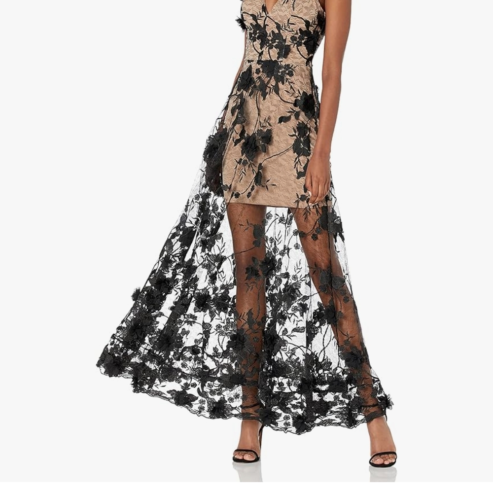 Elegant Black Floral Overlay Dress
